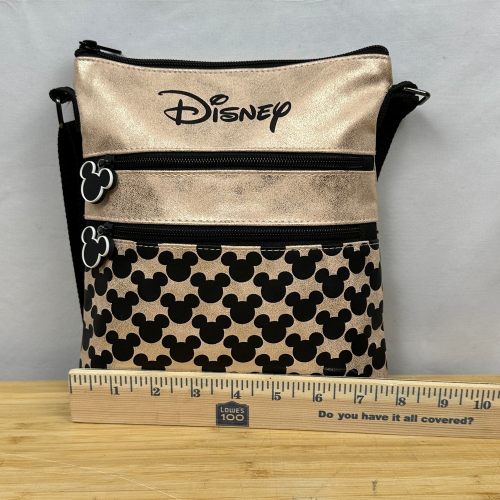 Disney Mickey Mouse Crossbody Bag Rose Gold Metallic Triple Zip Small Purse - Picture 4 of 12